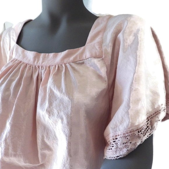 DOWNEAST Pink Cotton Peasant Blouse/ Top/ Crochet Trim/ Square Neck/ Size M - Picture 3 of 11